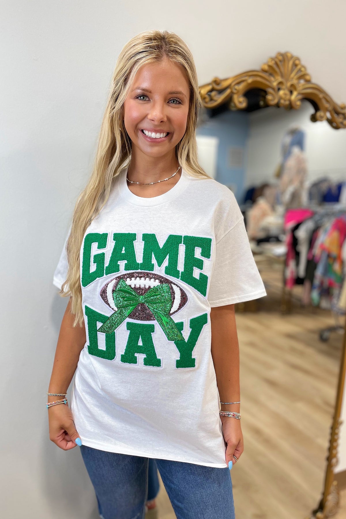 Bow Game Day Football Tee Green