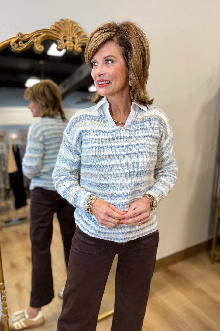 Charlie B Lurex Space Dye V-Neck Sweater Blue