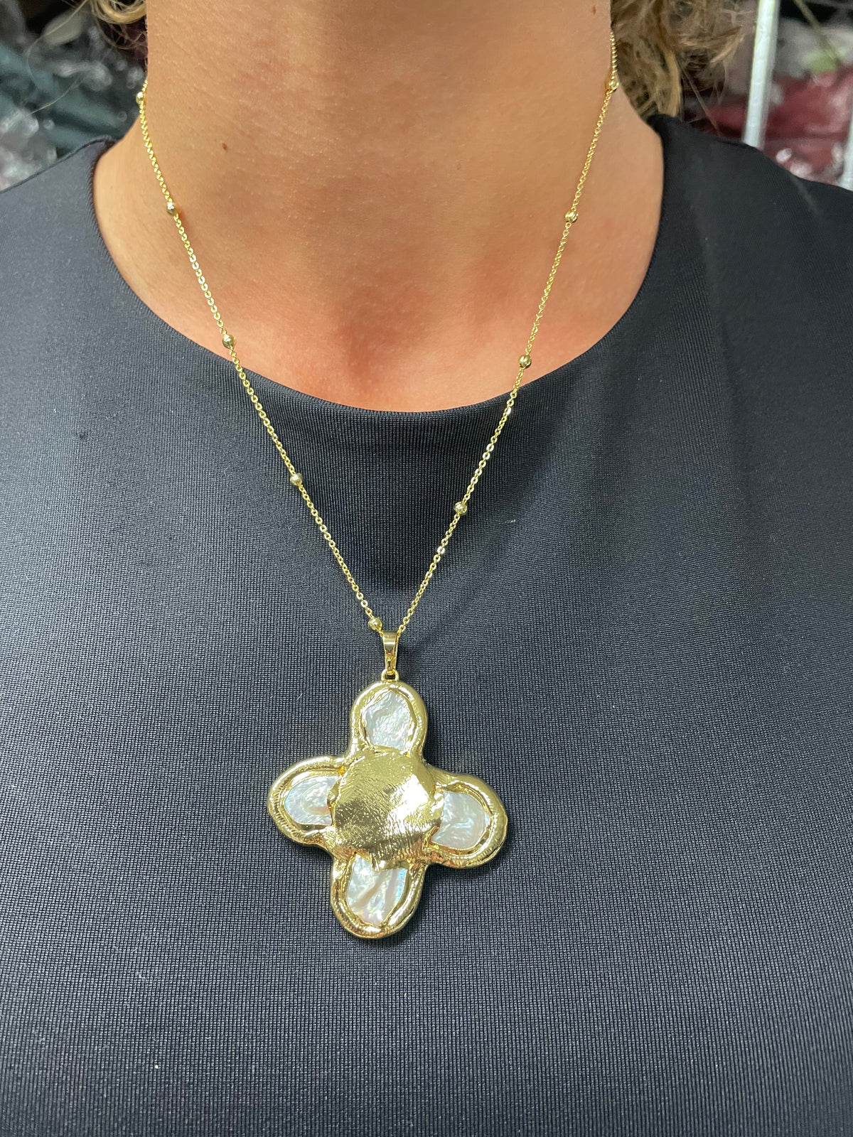 Flat Pearl Cross Necklace