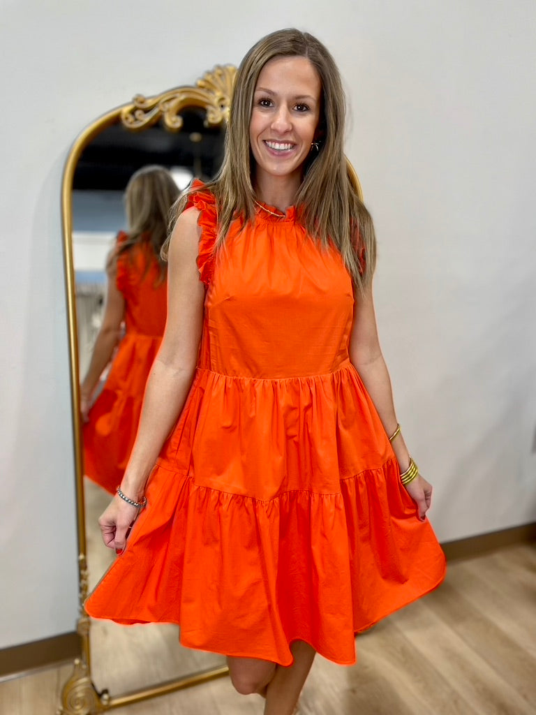 Moodie Tiered Poplin Dress Red Orange
