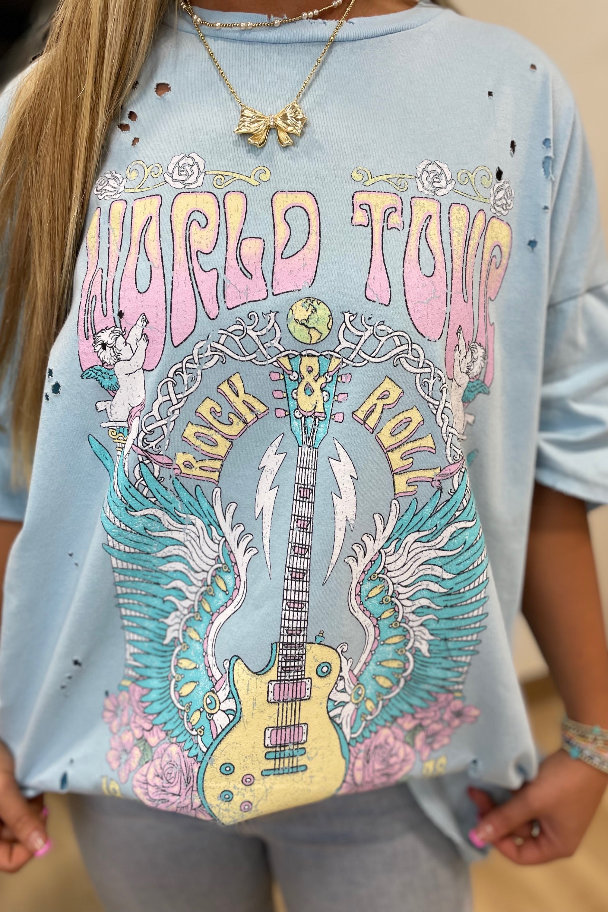 World Tour Rock & Roll Graphic Tee Light Blue
