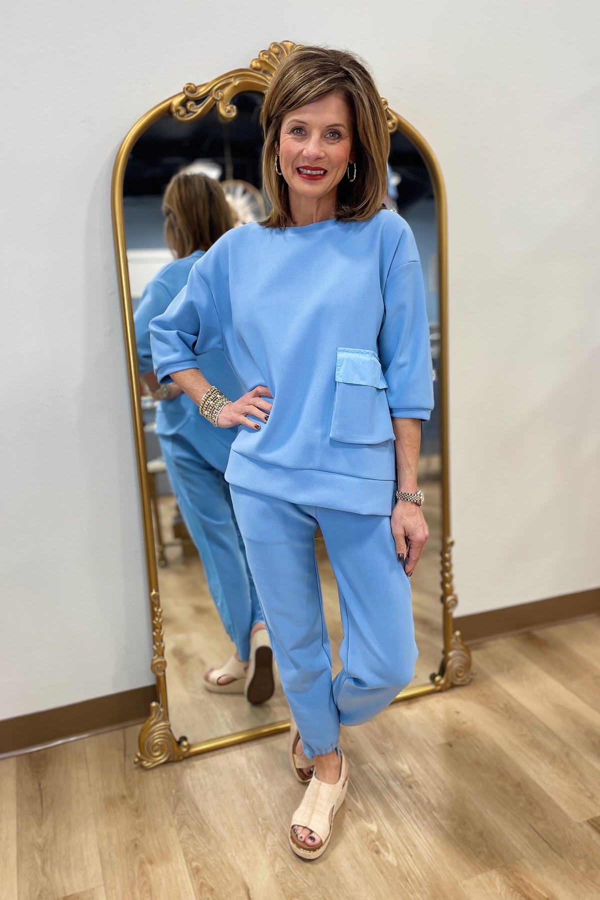 Joh Katie Knit Crepe Pant Set Dusty Blue