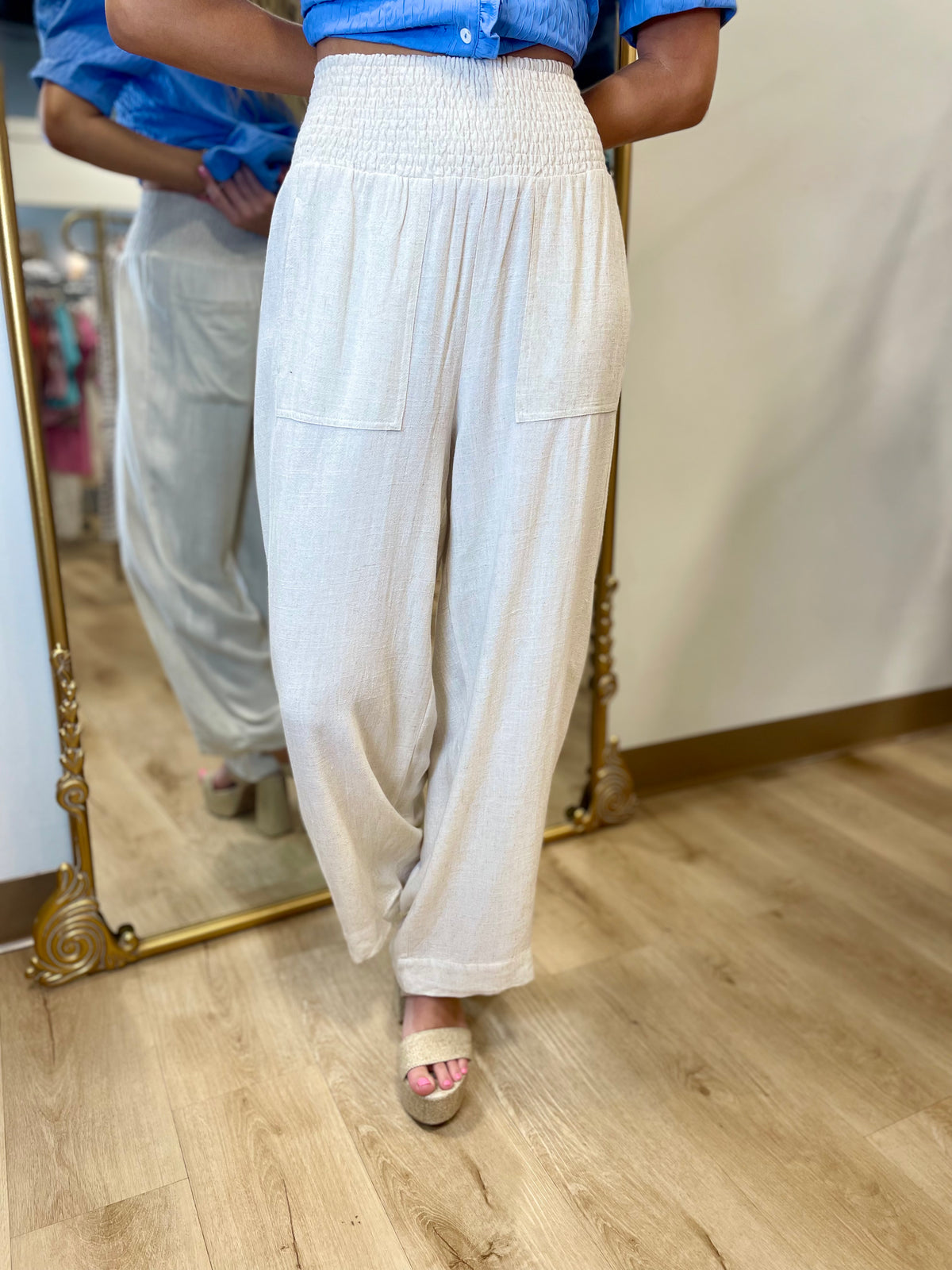Umgee Smocked Waist Pant Oatmeal