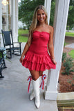Blitz Eyelet Ruffle Hem Strapless Dress Red
