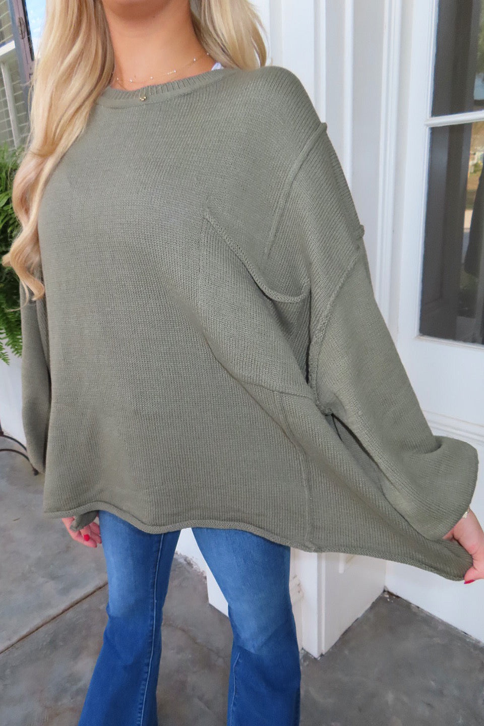 Unbe-leaf-able Oversized Front Pocket Sweater Top Olive