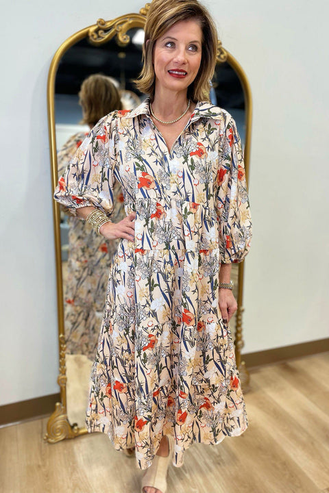 Umgee Floral Print Midi Dress Tan