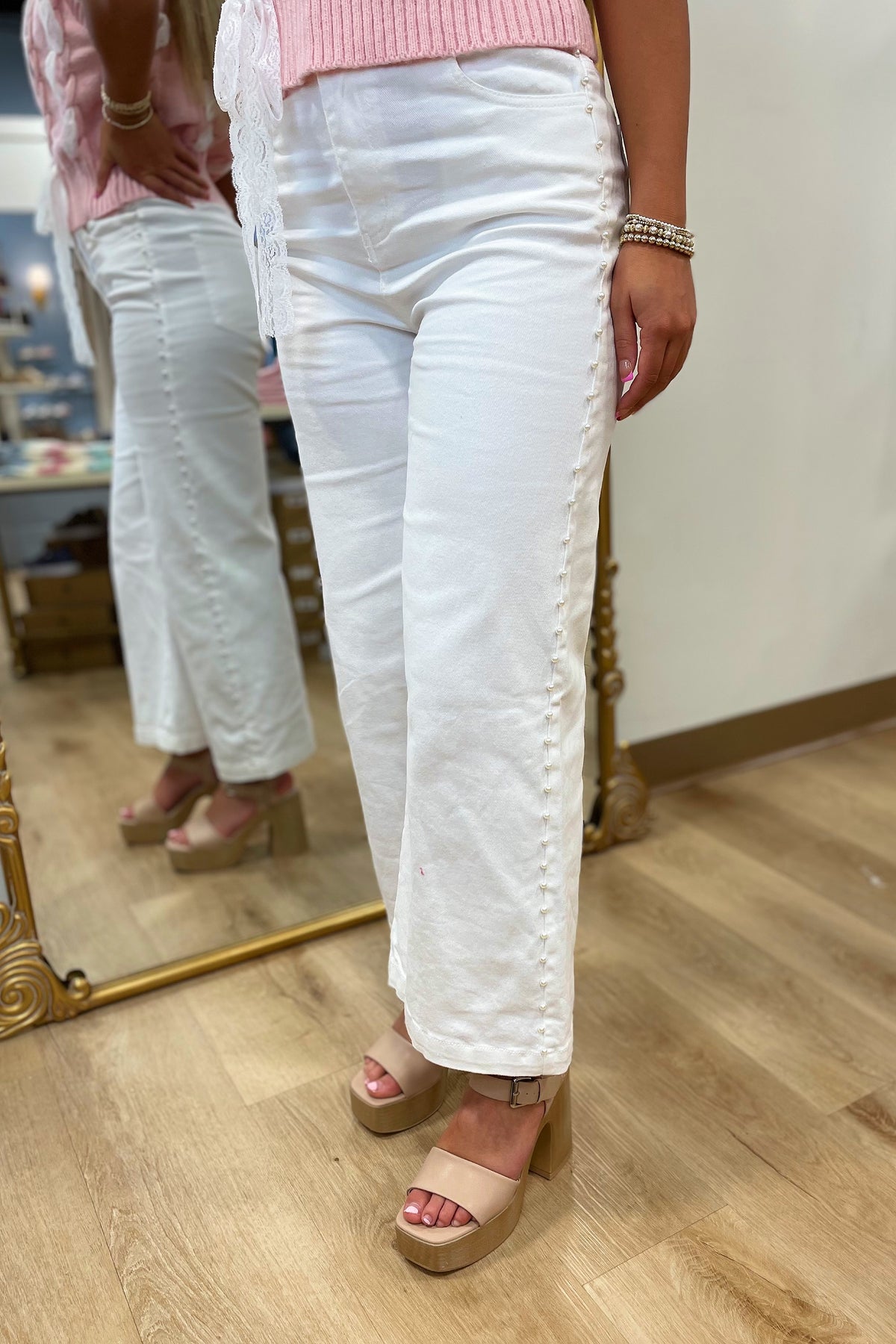 Pearl Accented Wide Leg Jean White