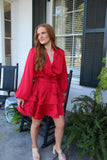 Winner Tiered Satin Long Sleeve Mini Dress Red