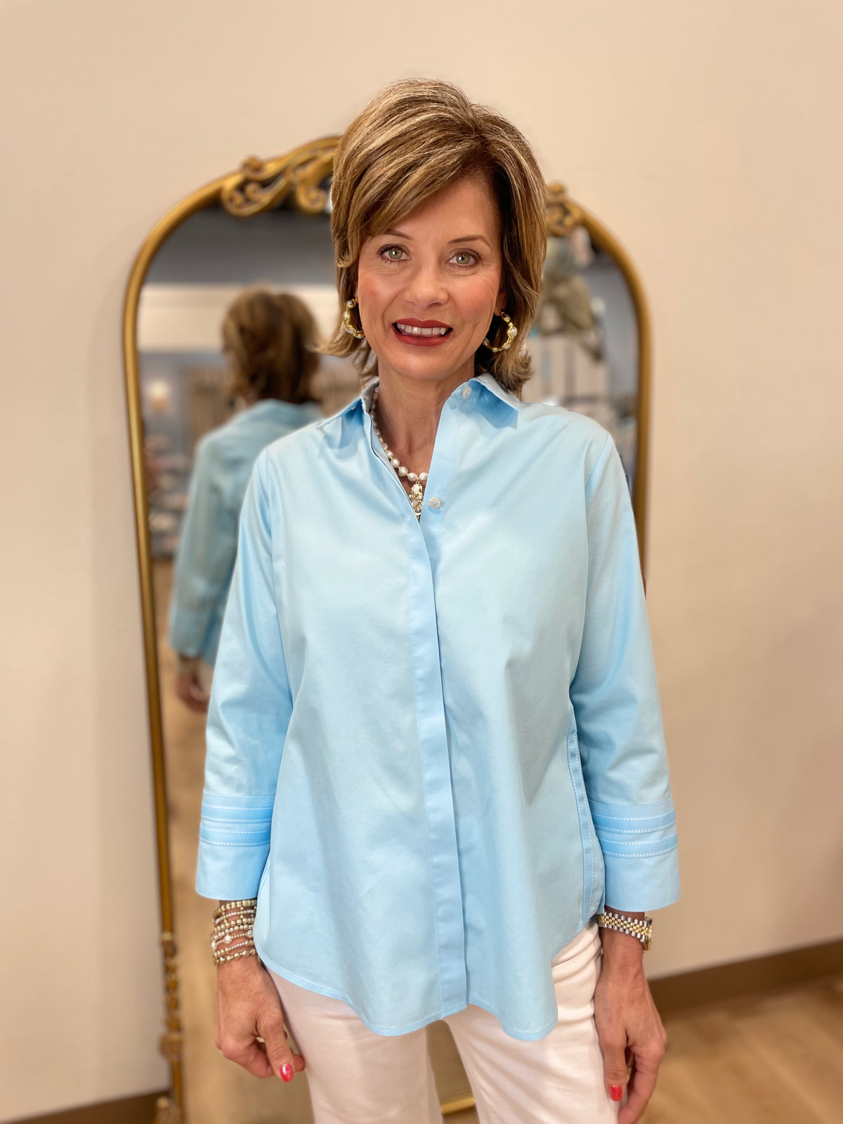 Foxcroft Brooke  Pinpoint 3/4 Sleeve Shirt Soft Aqua