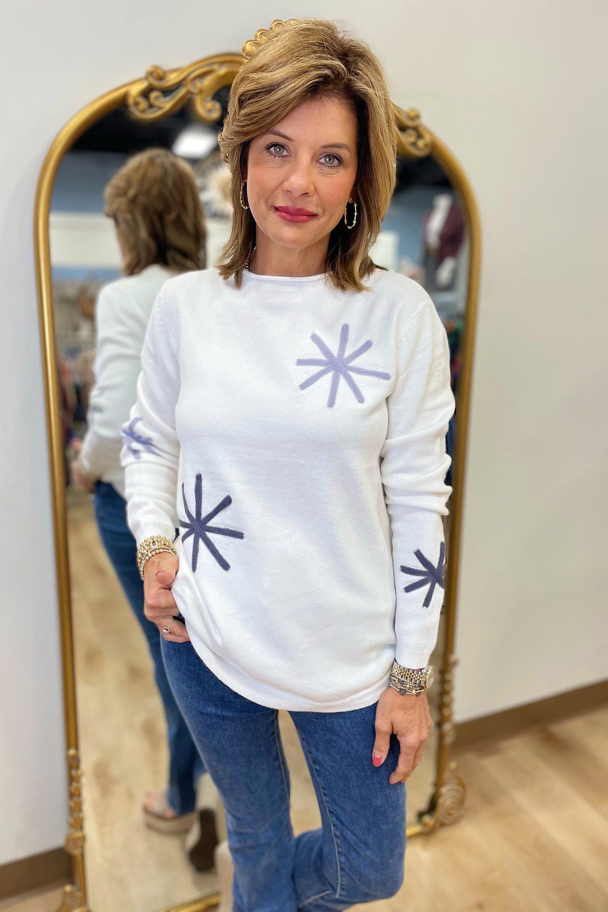 Charlie B Crew Neck w Needle Punch Ecru
