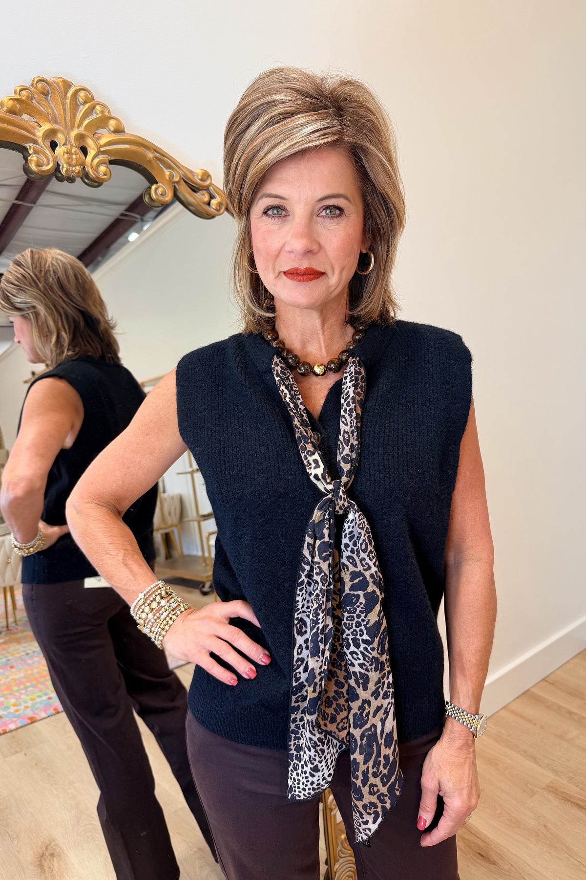 Renuar Animal Print Tie Sweater Black