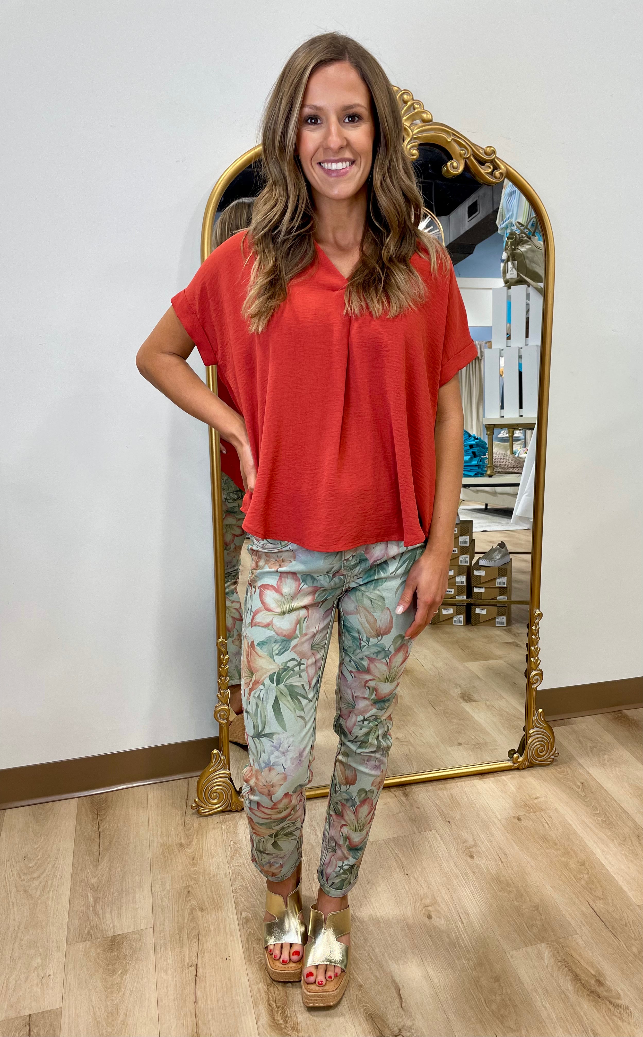 Tempo Paris Olive Floral Reversible Pants