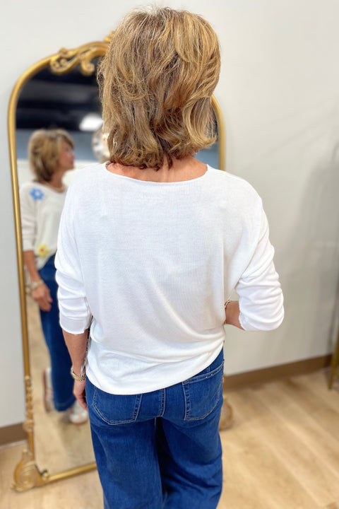 Charlie B V Neck Applique Top White