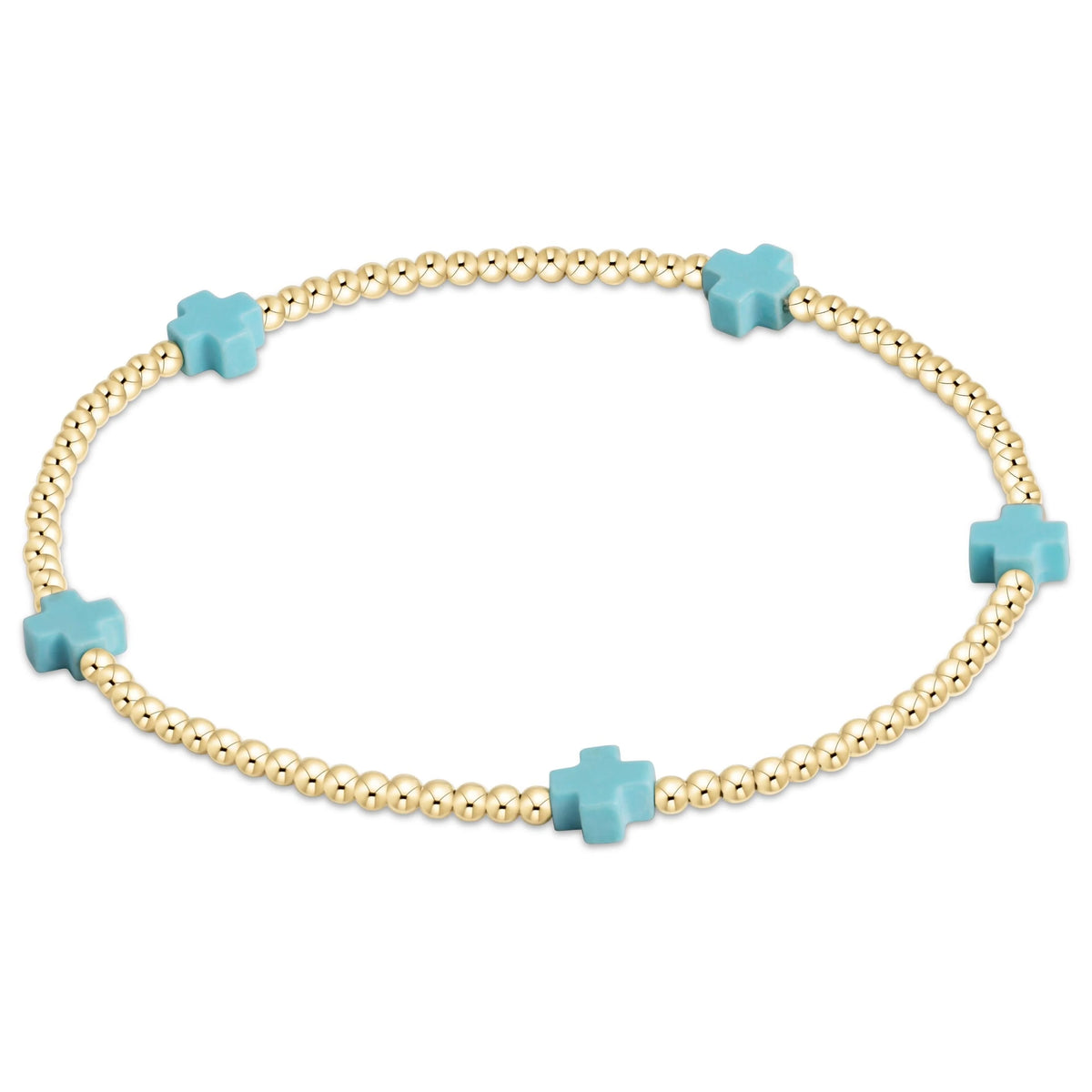 E Newton Signature Cross Small Gold Pattern 2mm Bead Bracelet Turquoise