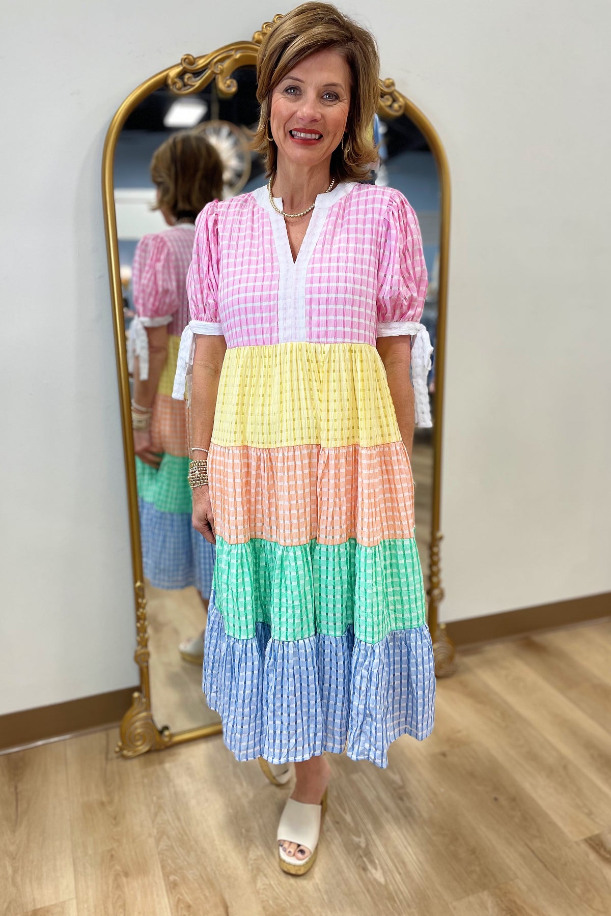 Spring Blessings Gingham Tiered Dress Multi