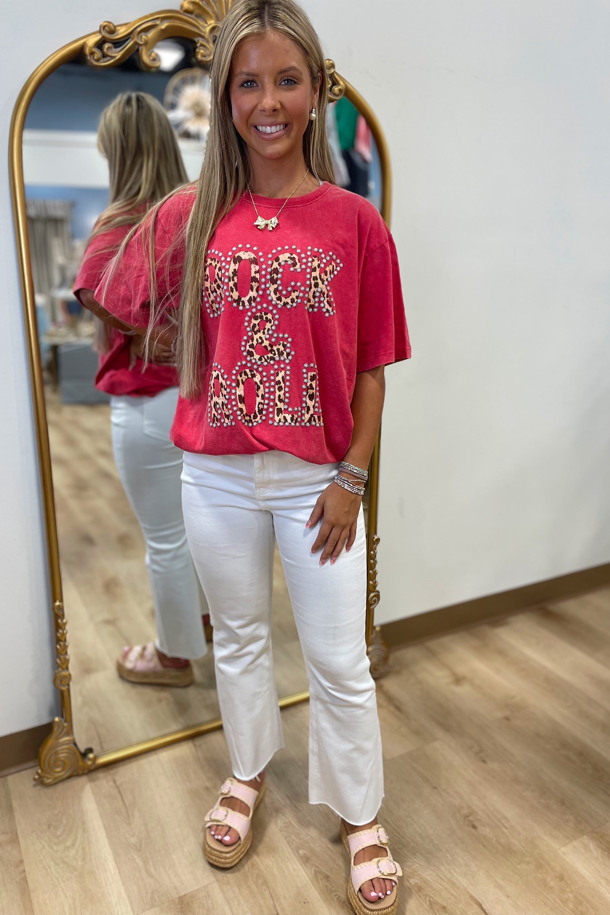 PUFF Leopard Rock & Rock Graphic Boyfriend Fit Tee Red