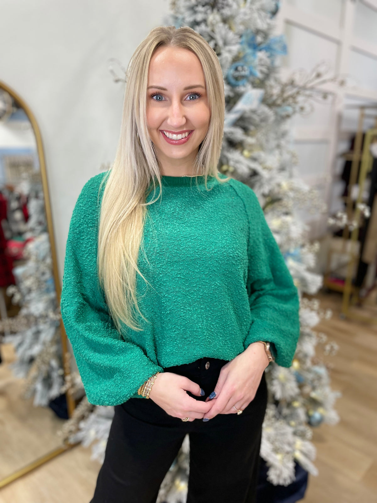 Popcorn Puff Sleeve Boat Neck Sweater - green
