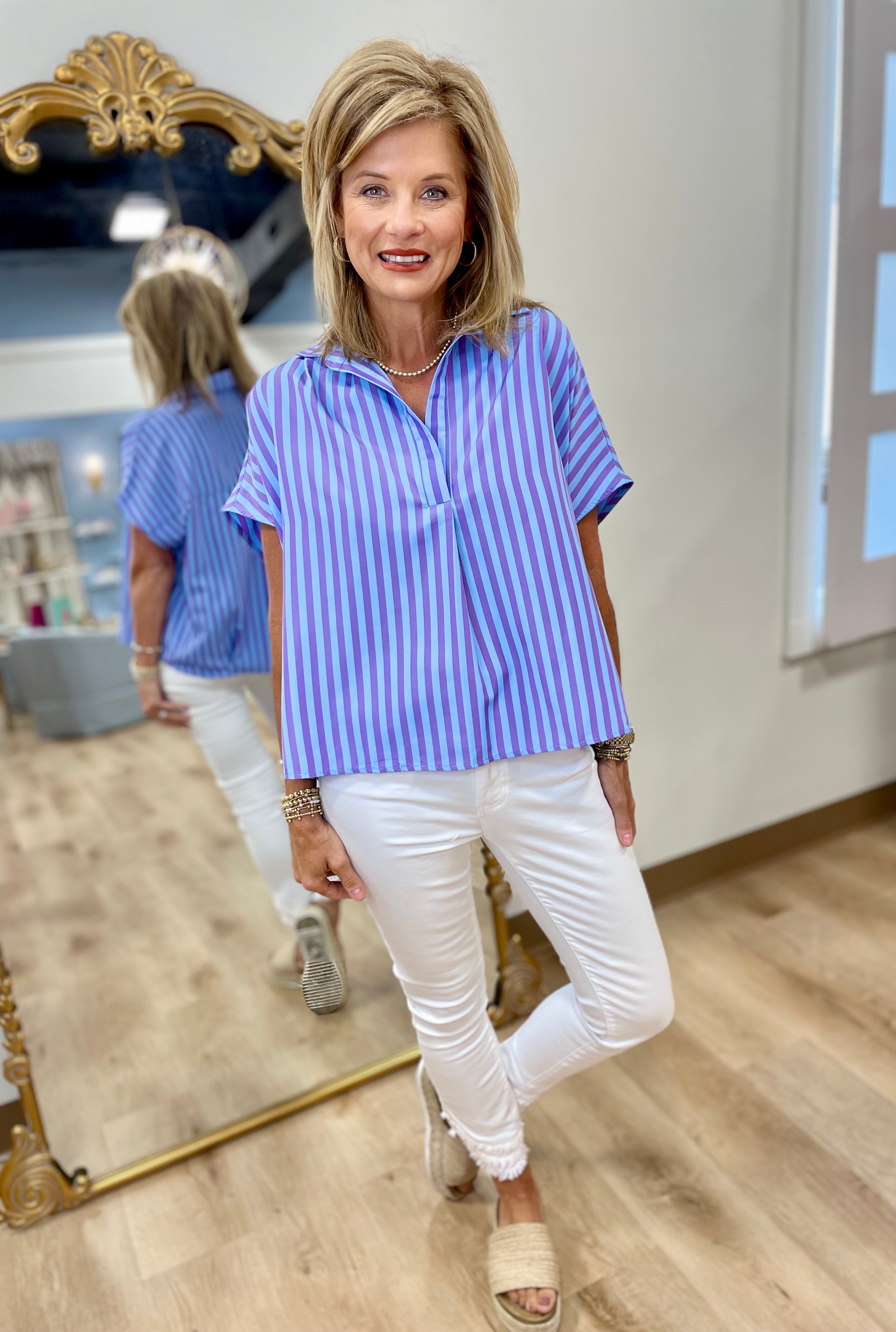 Karlie Stripe Poplin V Neck Top Blue