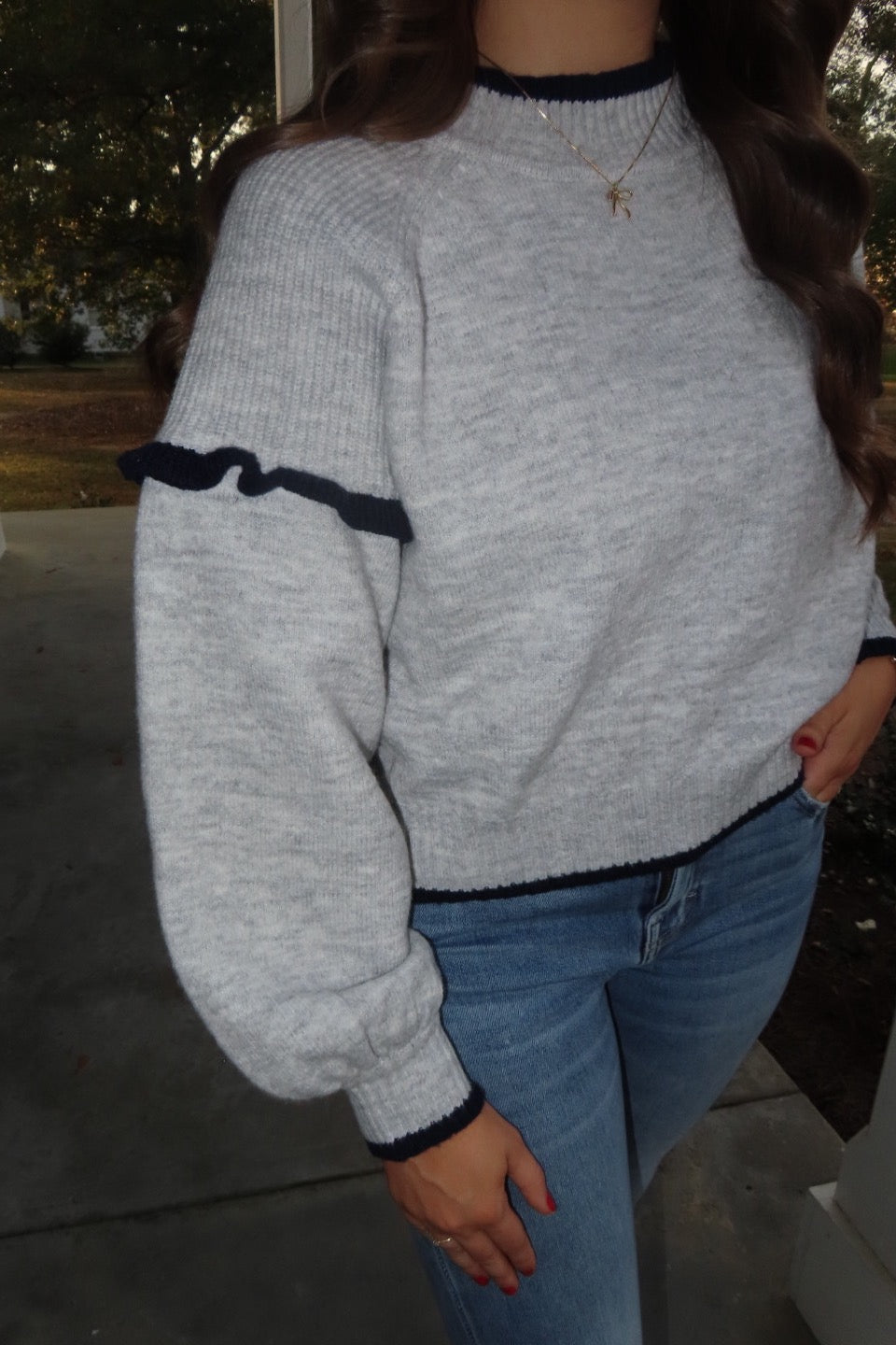 Northern Chill Contrasting Drop Shoulder Ruffle Sweater Grey