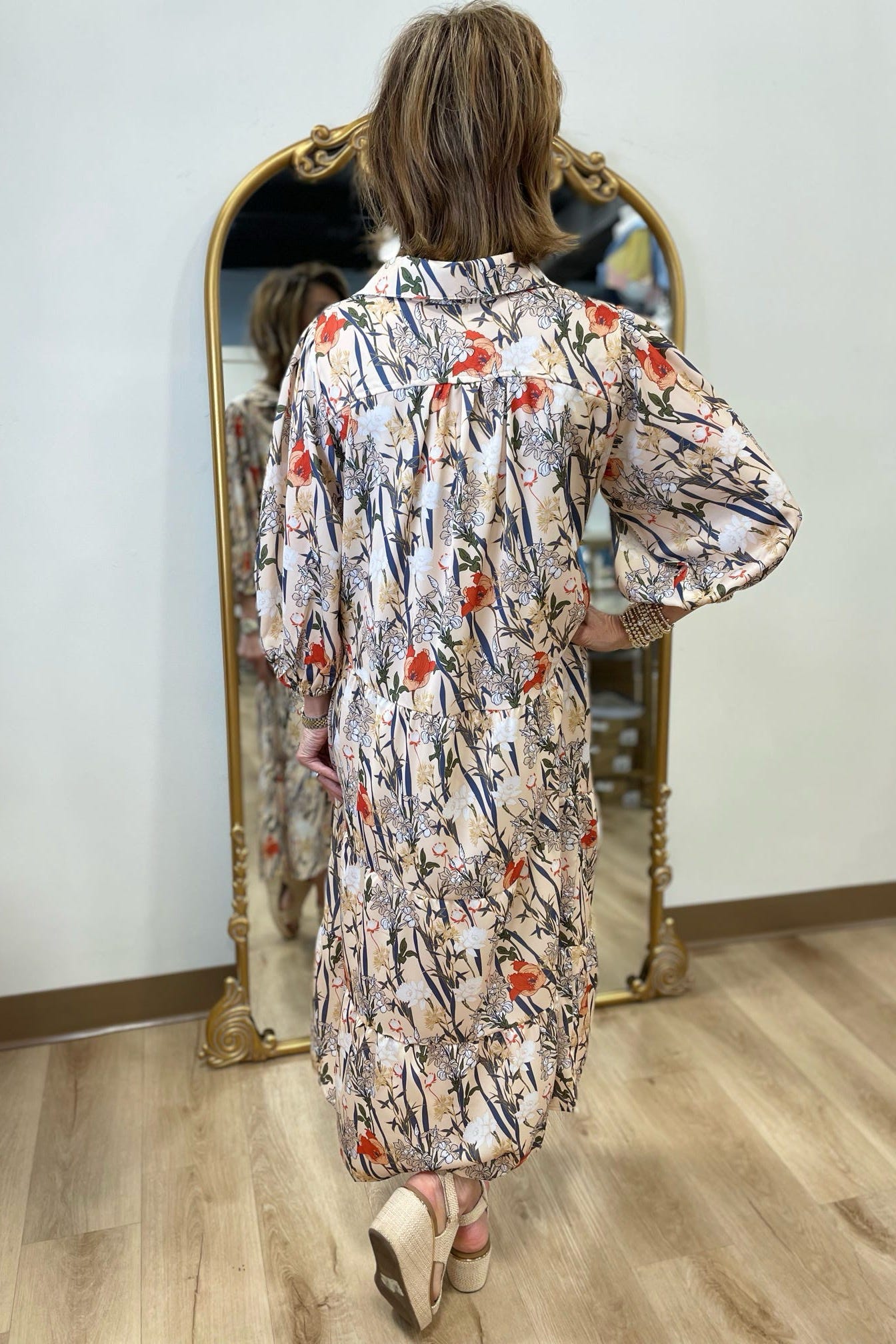 Umgee Floral Print Midi Dress Tan