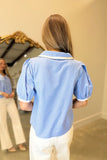 Shipwrecked Treasure Pearl Button Striped Top Blue