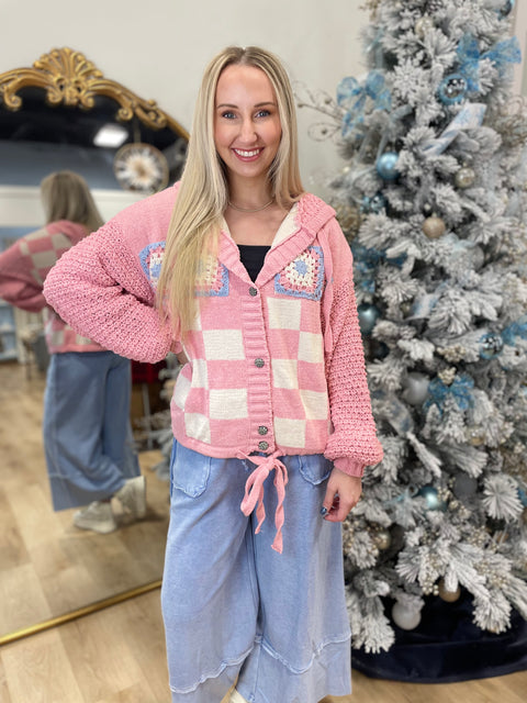 Granny Square Checker Sweater Cardigan Pink
