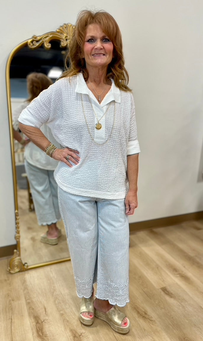 APNY Textured Split Neck Top White