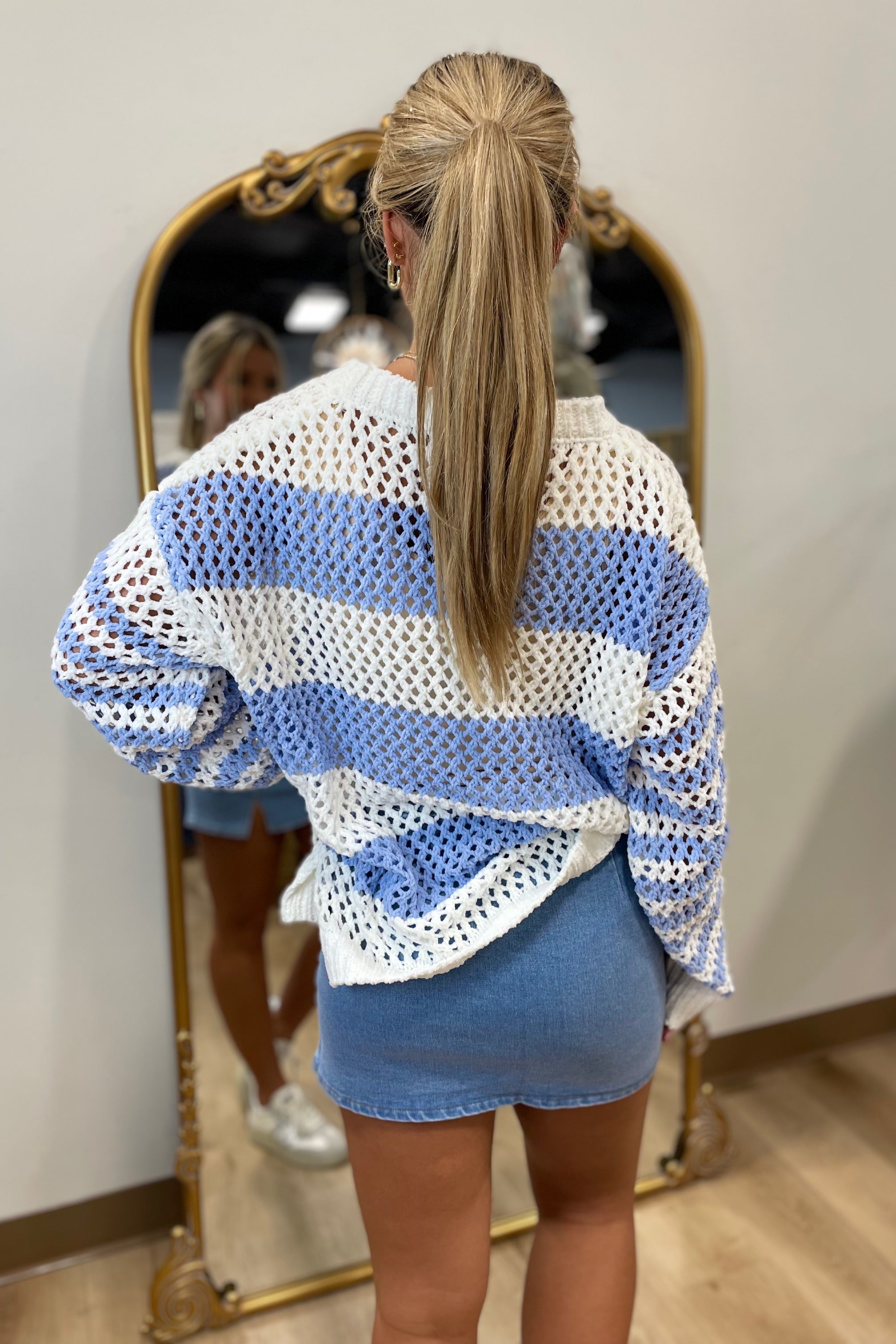 Vintage Havana Bahama Blue Striped Knit Square Sweater