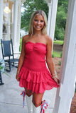 Blitz Eyelet Ruffle Hem Strapless Dress Red