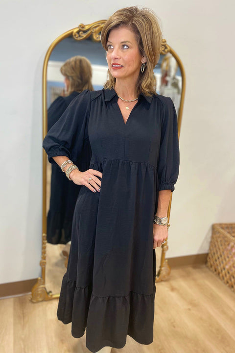 Umgee Solid Collared V-Neck Midi Dress Black