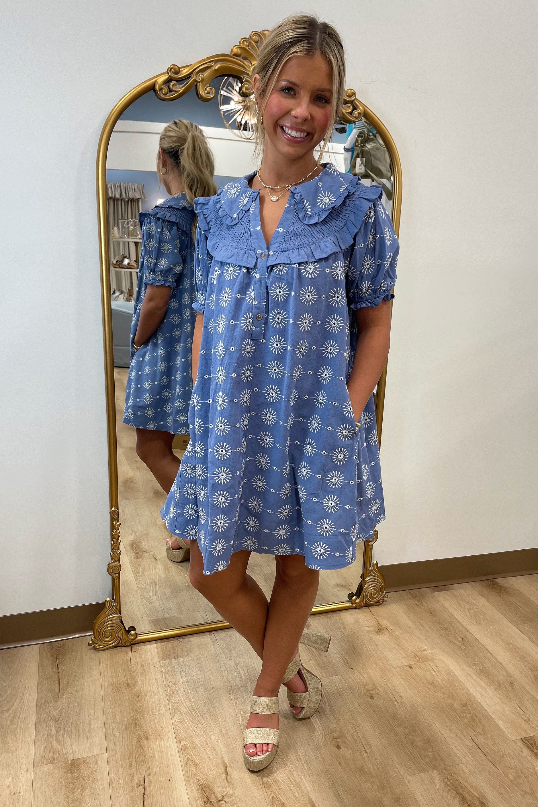 Umgee Embroidered Babydoll Dress Blue