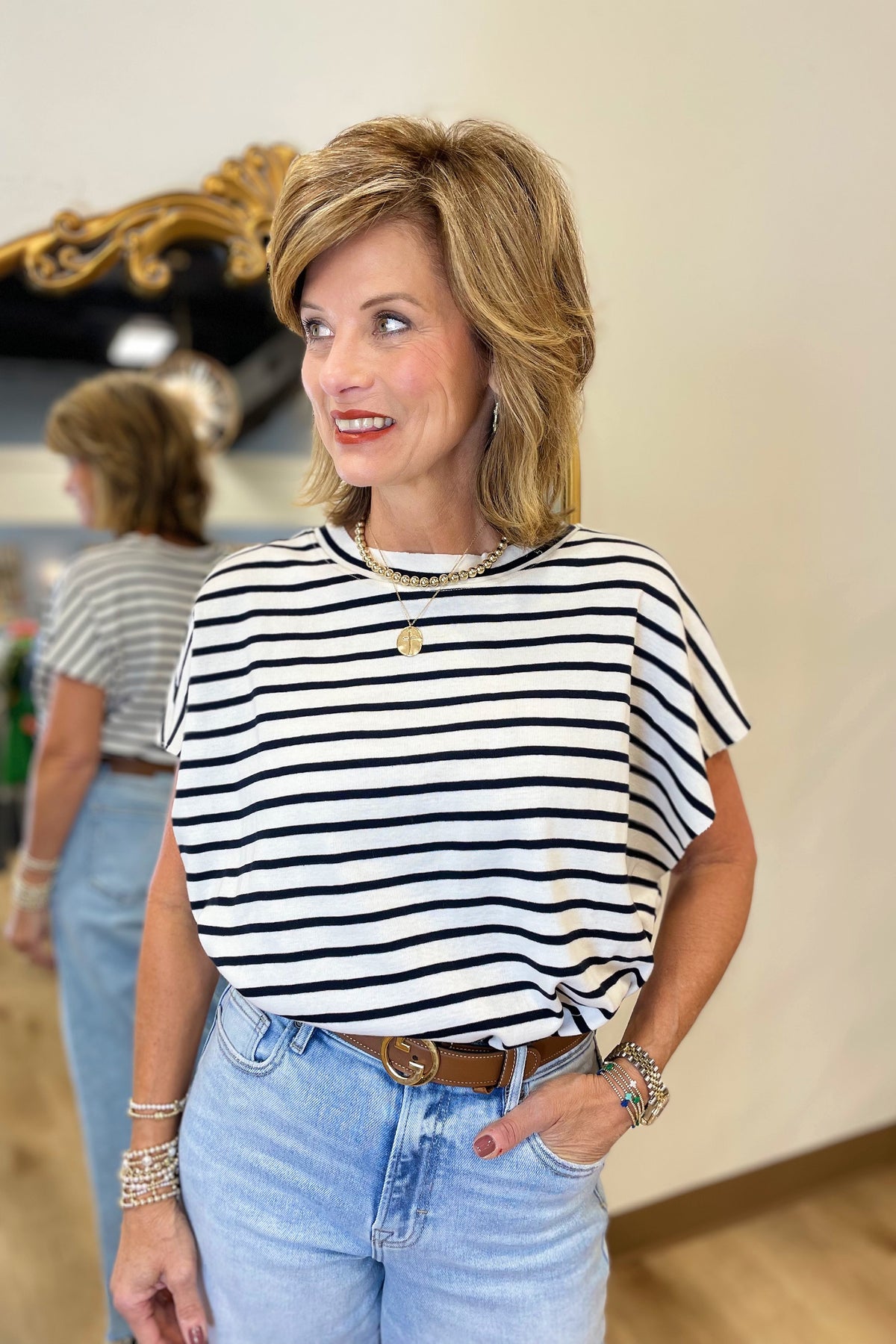 Dylan Stripe Caplet Top Black