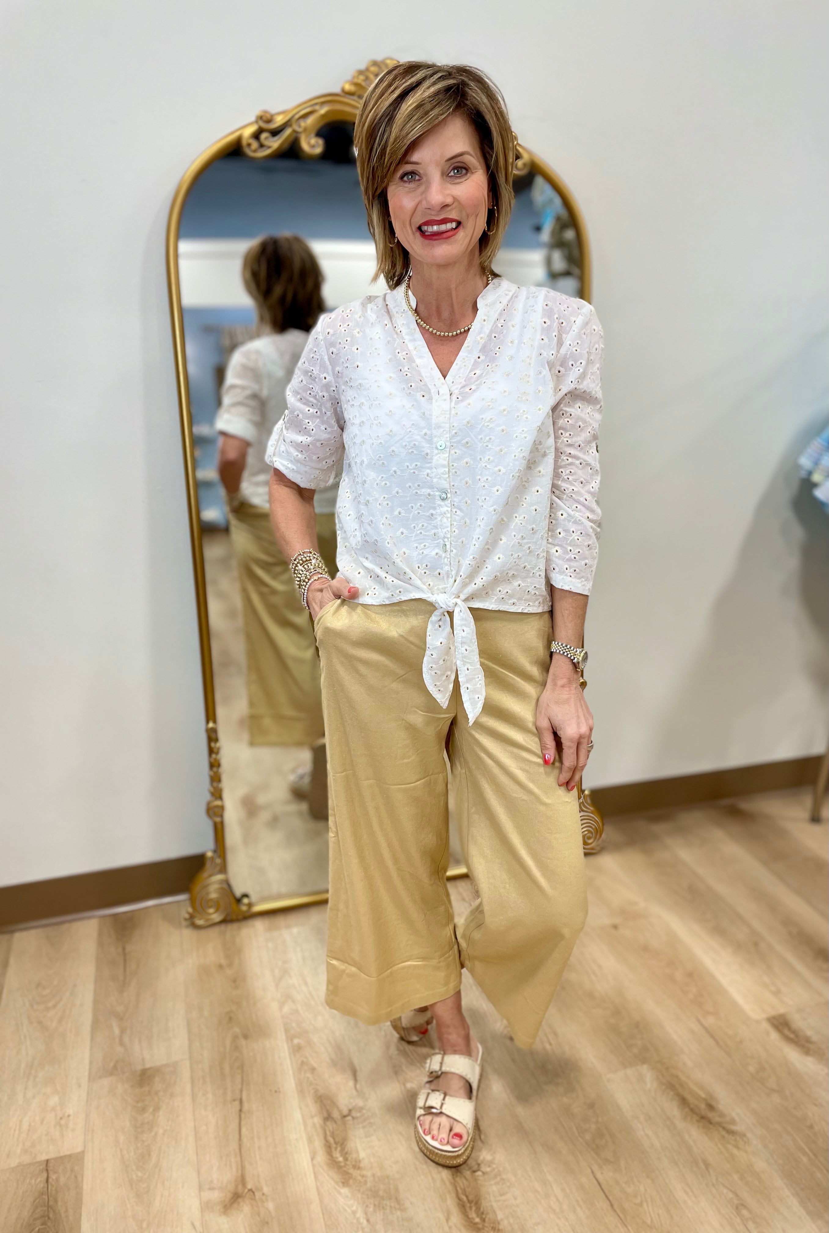 Charlie B Eyelet Button Down Top Gold