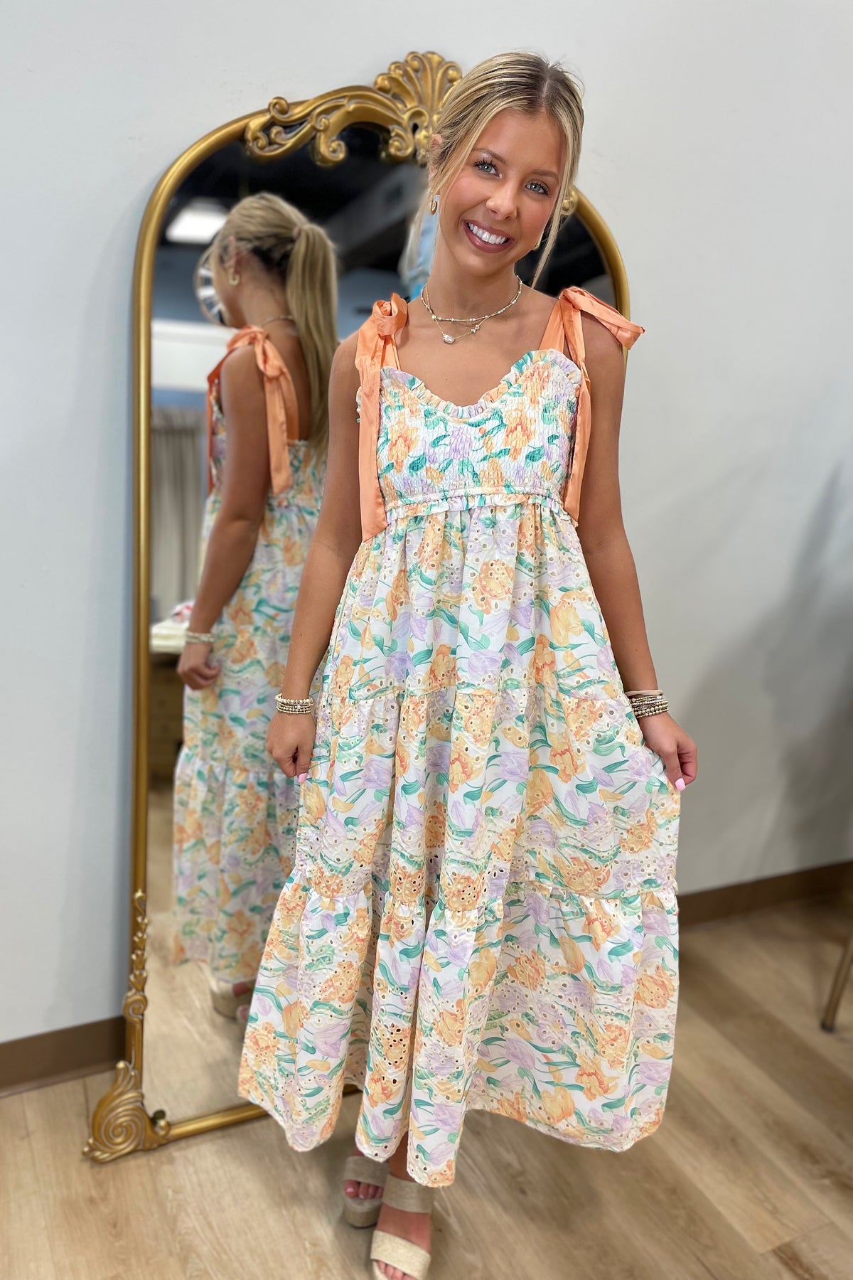 Soft Elegance Shoulder Tie Eyelet Dress Orange Multi