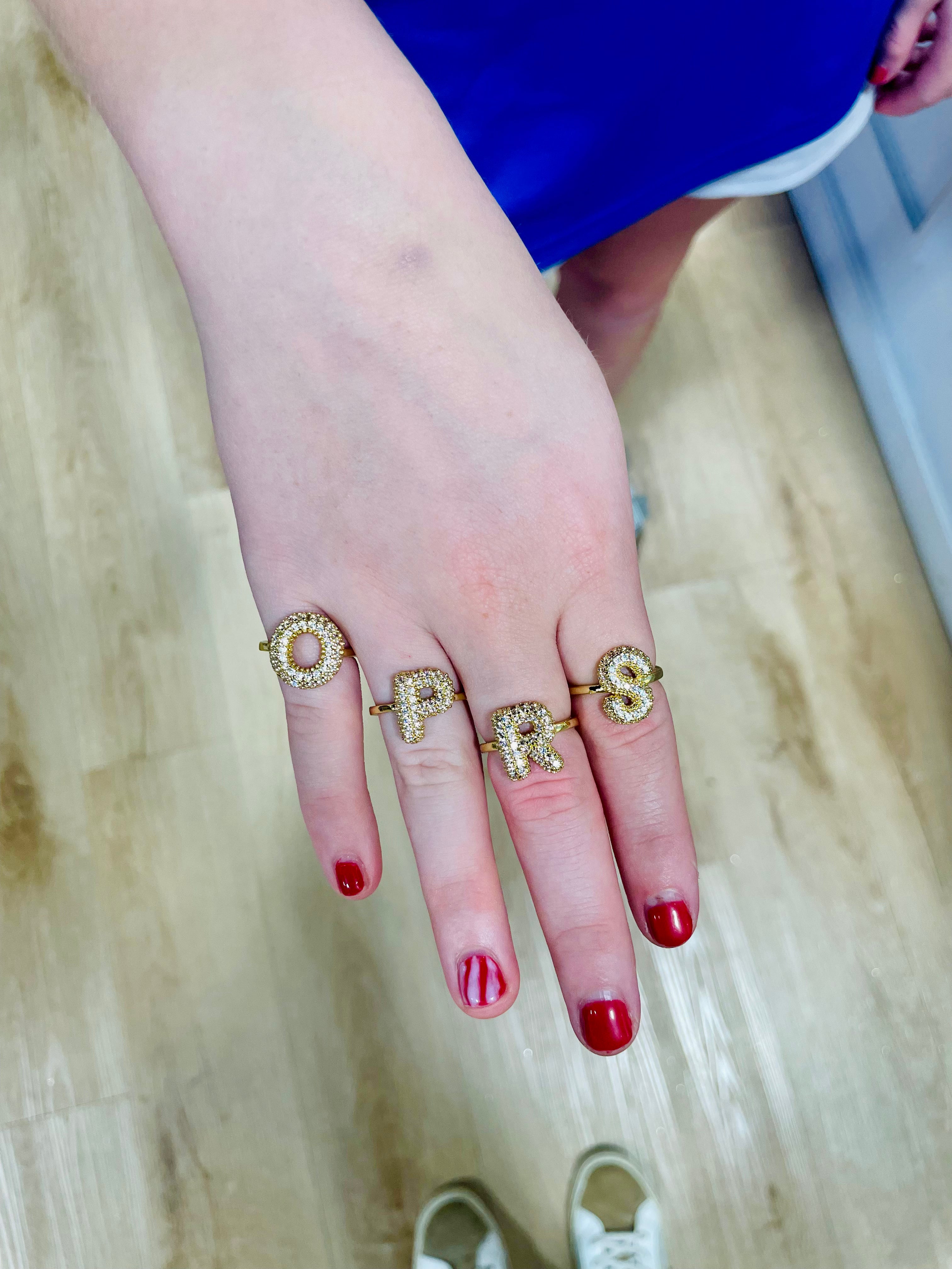 Rhinestone Puff Initial Ring Gold