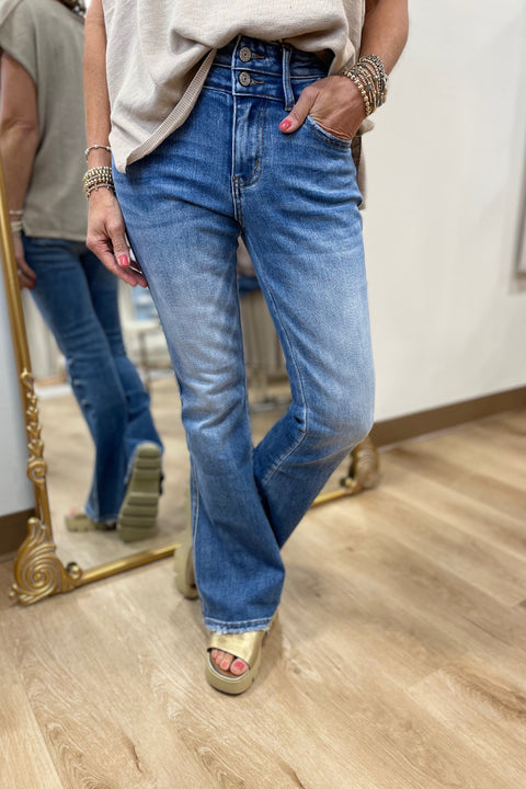 Bayeas High Rise Flare w Clean Hem Medium Blue