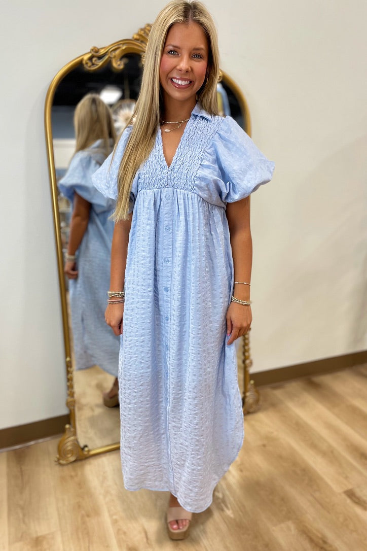 Easter Bloom Puff Sleeve Dress Blue