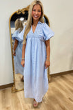 Easter Bloom Puff Sleeve Dress Blue