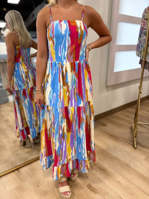 Abstract Watercolor Tiered Midi Dress