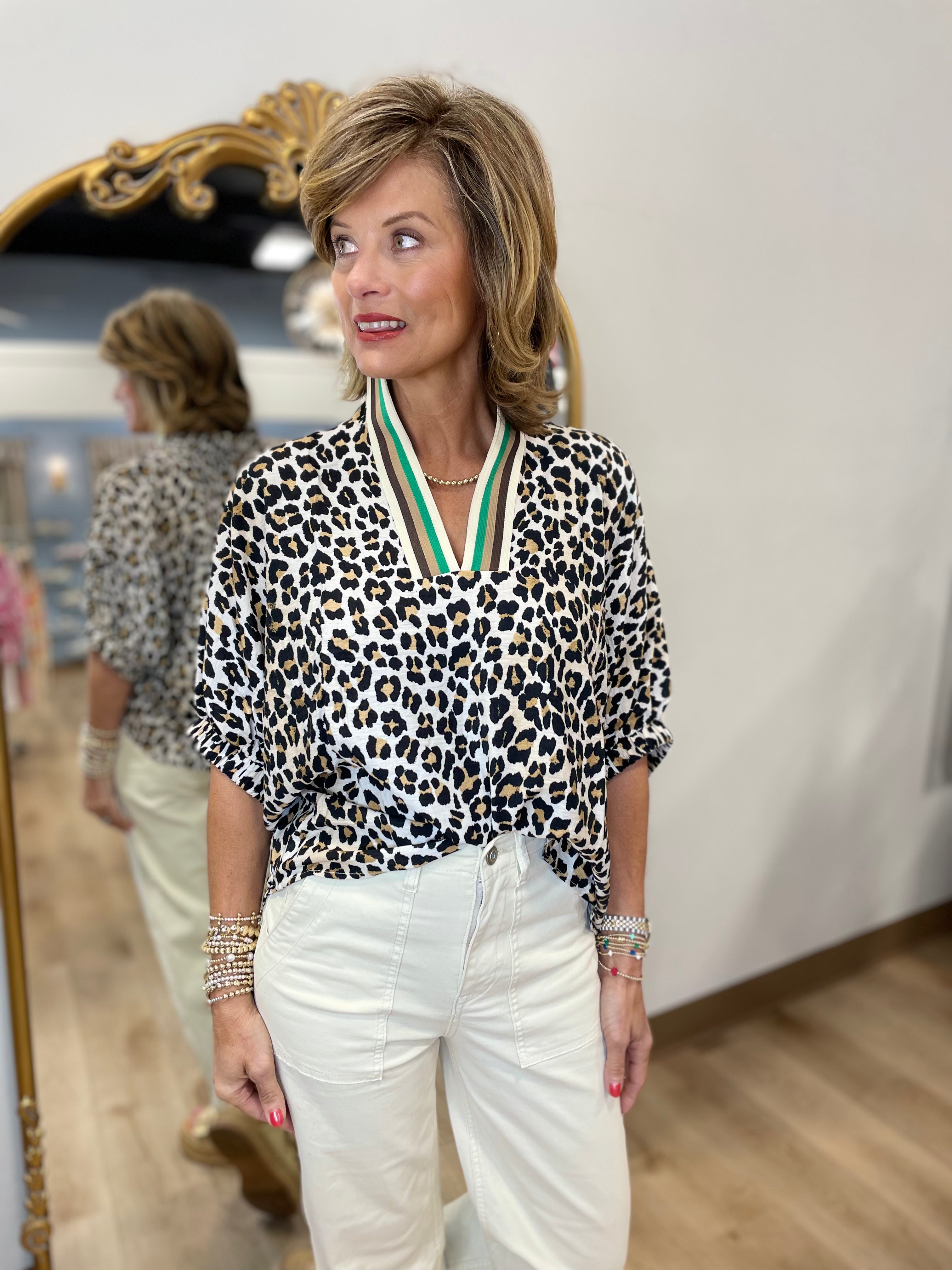 Leopard Luxe Accented Top Green