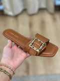 Kimberly Buckle Slide Flat Sandals Camel