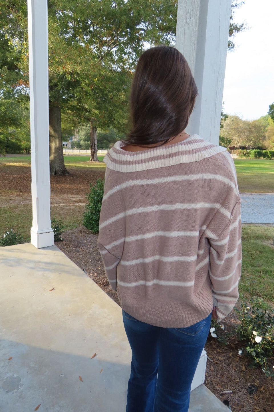 Cold Brew Two Toned Striped Notched Collar Sweater Mocha