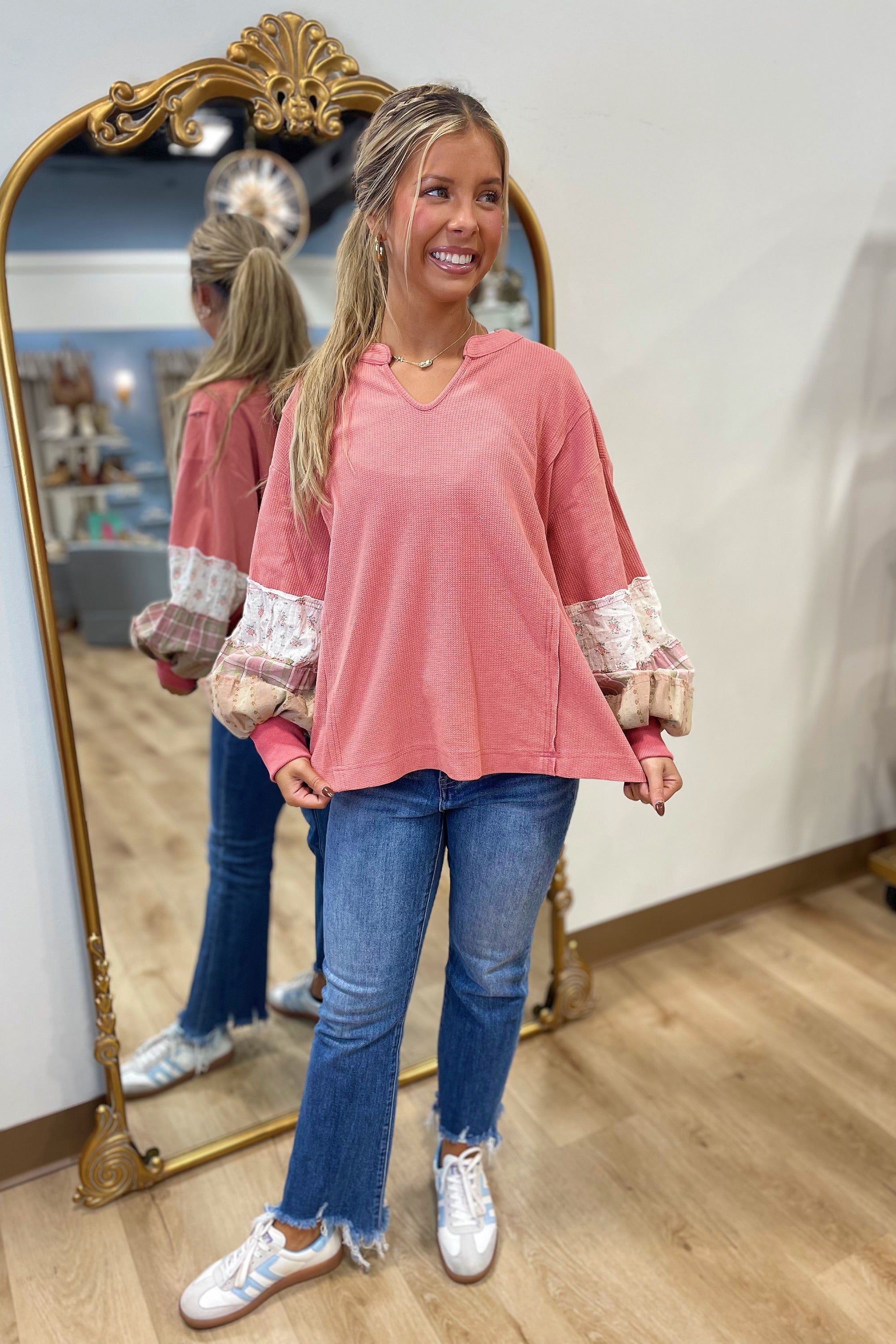 Rose Patch Sleeve Top Pink