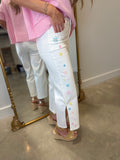 Renuar Wide Leg Embroidered Crop Pant Creme