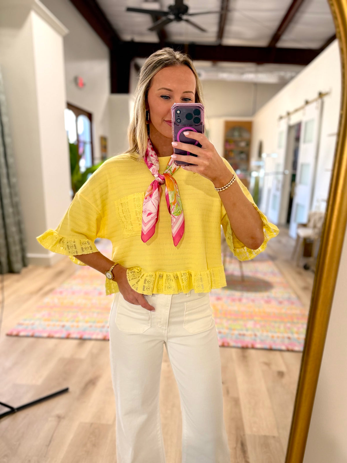Little Lace Details Top Yellow
