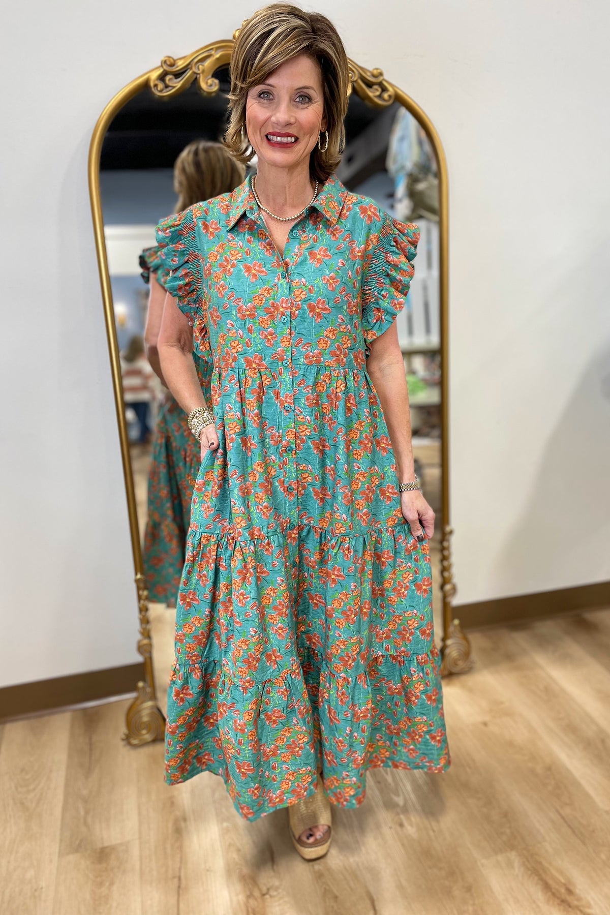 Copper Flower Fields Midi Dress