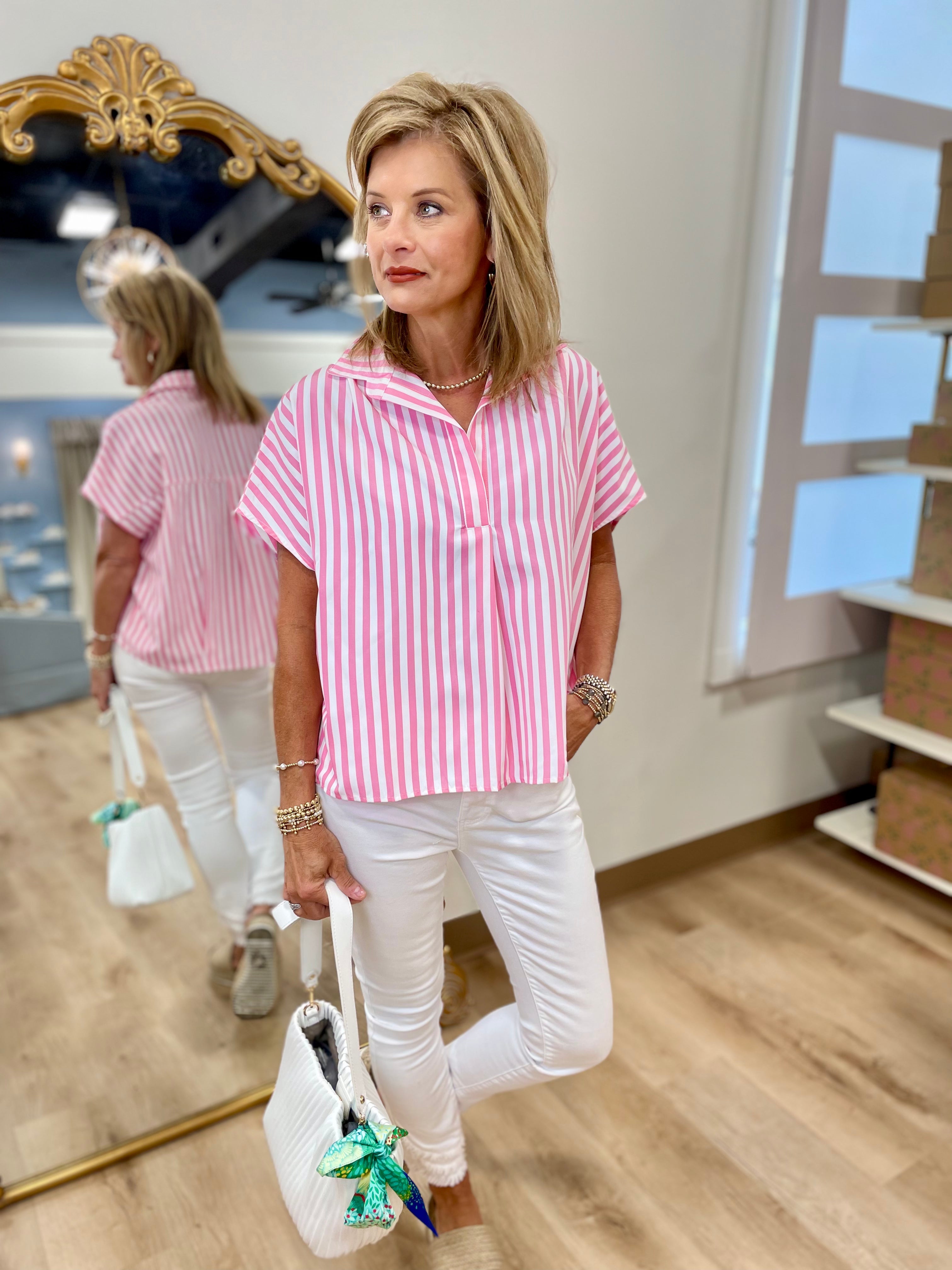 Karlie Stripe Poplin V Neck Top Pink