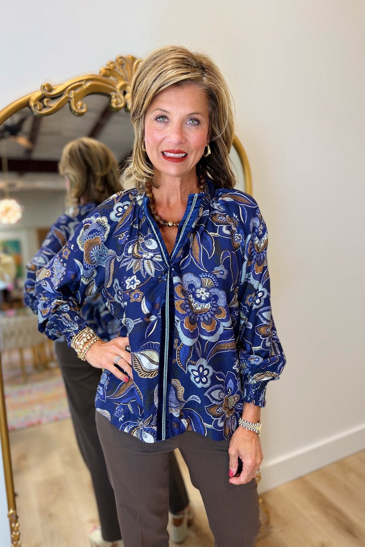 Umgee Printed Blouse Navy