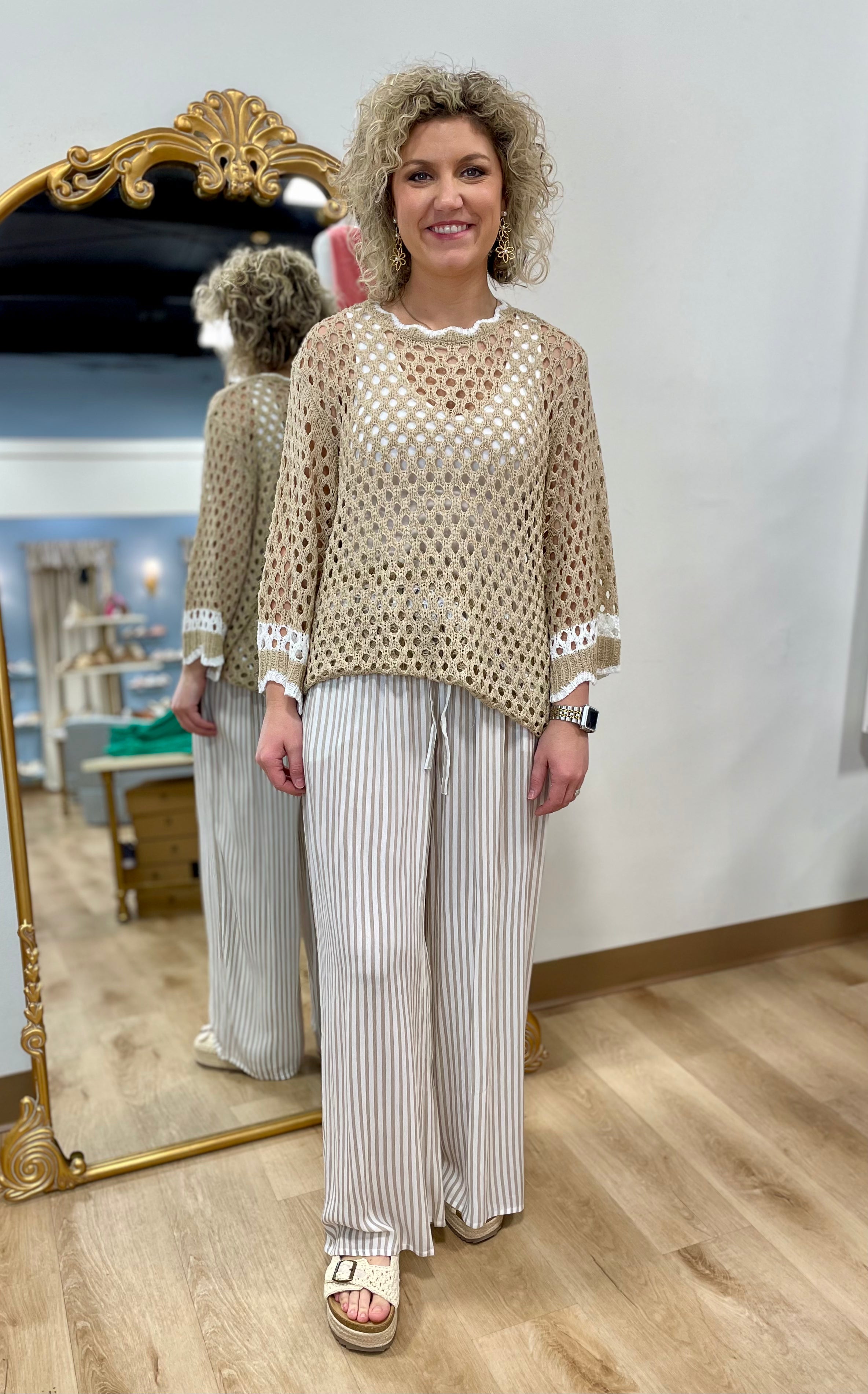 Mud Pie Crochet Tunic Top Tan