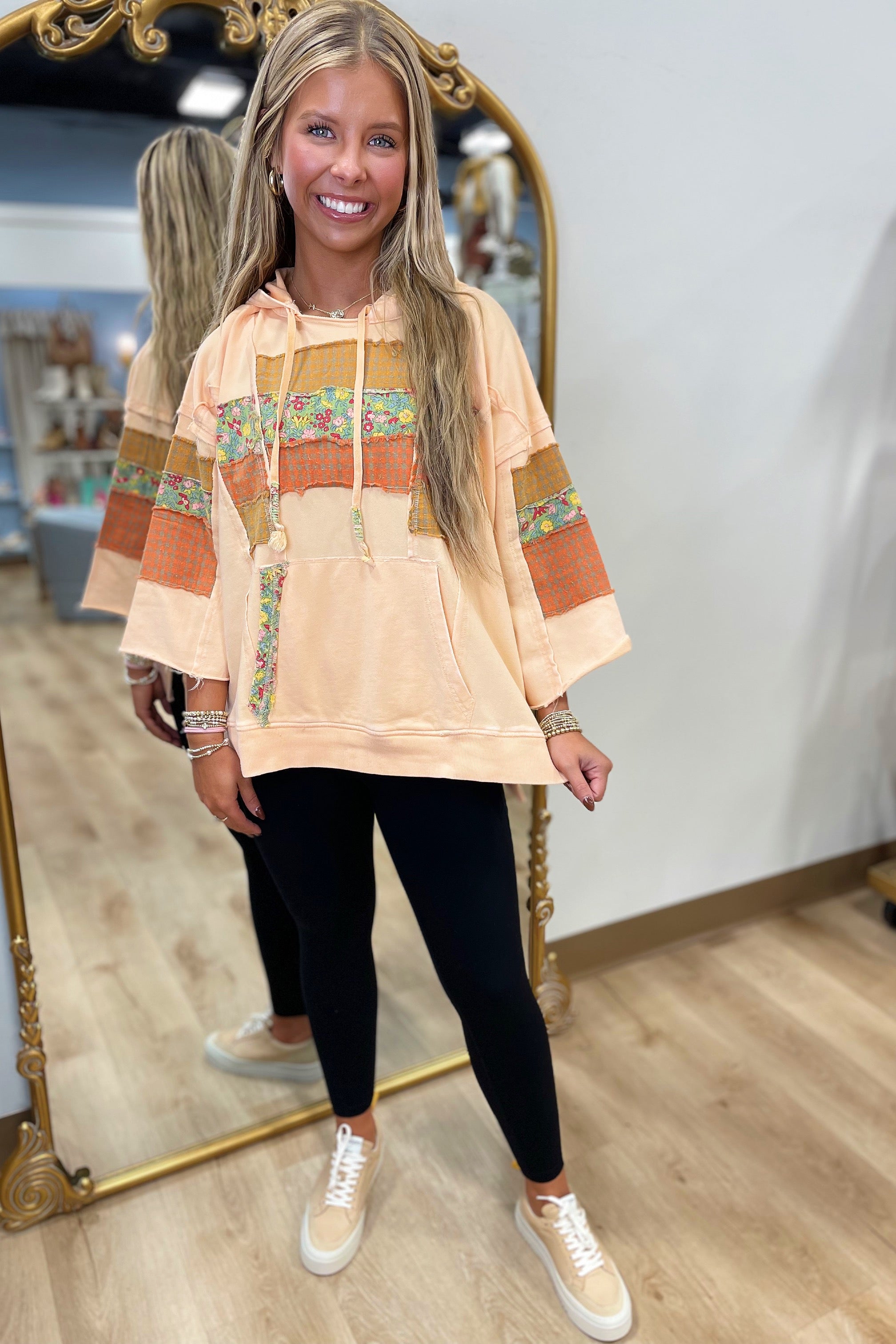 Plaza Taupe 3/4 Sleeve Print Mix Hoodie Cantaloupe
